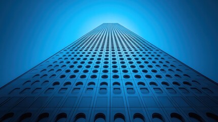 Low-angle view of a tall, modern skyscraper with repeating circular and rectangular window patterns against a vibrant blue sky.