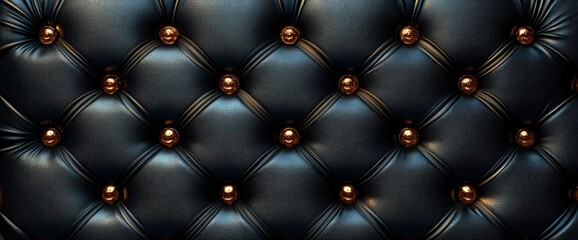Fototapeta premium Luxurious Dark Blue Leather Upholstery Texture with Gold Buttons