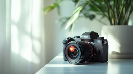 Tech Showcase: A sleek modern camera with its lens detached, displayed on a clean white surface, with dramatic side lighting emphasizing its design and details