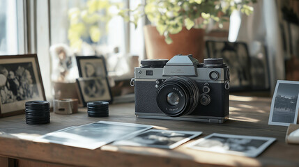 Vintage Vibes: A close-up of a classic film camera placed on a rustic wooden table, surrounded by old photographs, rolls of film, and a soft natural light filtering through a nearby window. 