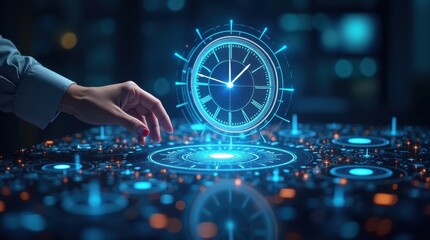 Digital clock interface futuristic workspace graphic design high-tech environment close-up view time management concept