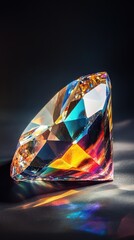 Macro view of diamond transparent reflect with refracted rainbow light effects, intricate cuts and precision details on a black gradient backdrop, showcasing elegance