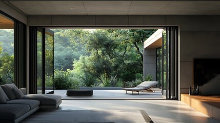 Modern living room with large windows overlooking a lush outdoor landscape.