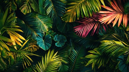 A graphic design showcasing tropical jungle patterns with vibrant colors and textures.