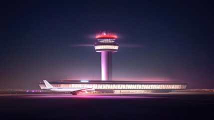Night at the Airport: Airplane, Control Tower, and Runway Lights