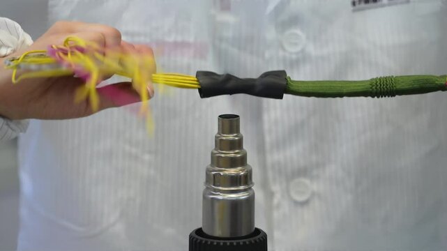 Hands man uses electric industrial drier shrinking a heat shrink wire in workshop.