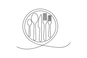 Knife and fork one line drawing of minimalist vector icon with black and white background 

