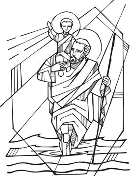 Saint Christopher and baby Jesus illustration