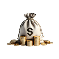 Money Bag & Coins on Transparent Background.