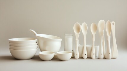 A collection of elegant white kitchen bowls and utensils.