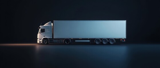 3D rendering of a white commercial delivery semi-trailer on a dark background. Side view. Logistics and transportation concept