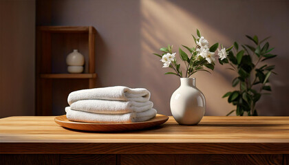 3d rendering of a wooden table with two white towels folded neatly and a white vase and a small white flower in it