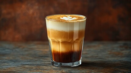 Layered coffee drink in glass on wooden table.