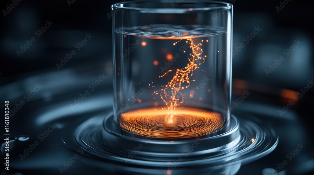 Aufkleber Stunning Visual of a Glass Cup Containing Water with Swirling Orange Particles Creating a Unique Abstract Art Effect on a Dark Background