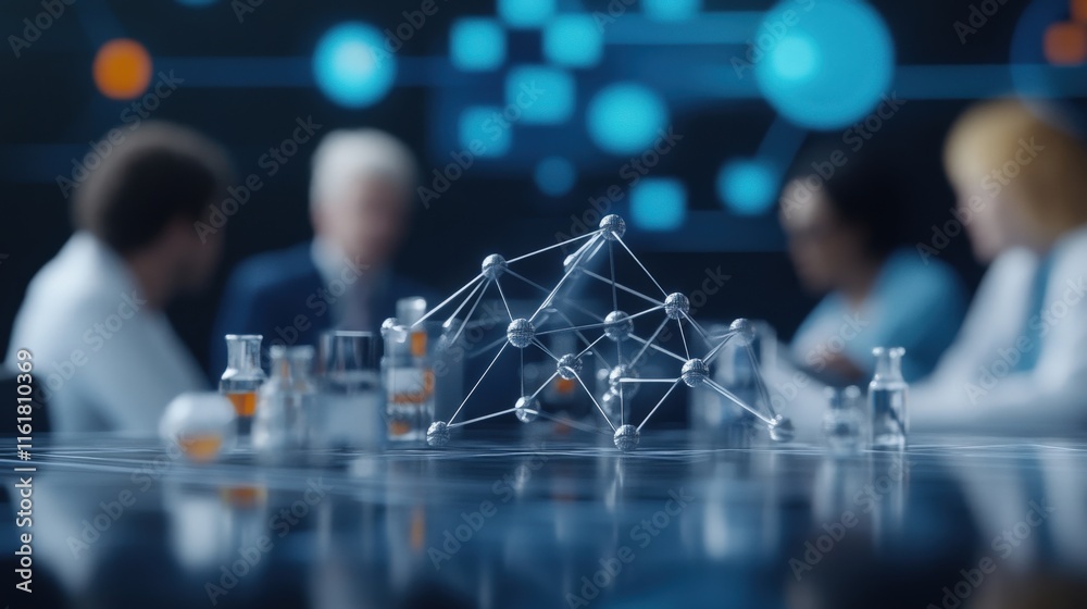 Poster Scientific Research Concept with Molecular Structure Model Against Blurred Background of Diverse Scientists Collaborating in a Modern Laboratory Environment
