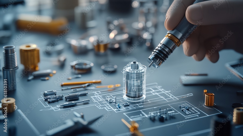 Poster Detailed Technical Drawing and Prototype Assembly of a Mechanical Component with Tools and Instruments on a Workbench Environment