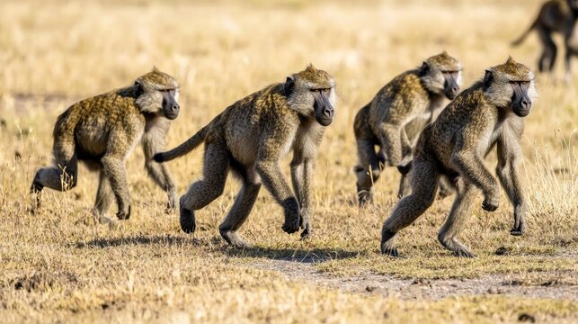 A group of baboons walking across a savannah.