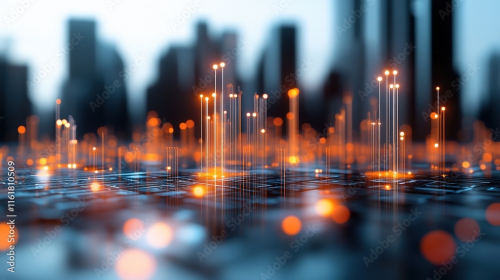 Aufkleber Abstract representation of digital connections and glowing data points against a futuristic city skyline with blurred urban buildings and shimmering lights