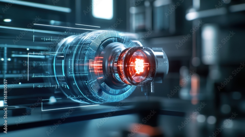 Aufkleber Advanced futuristic technology concept featuring a glowing mechanical device with holographic projections in a digital environment