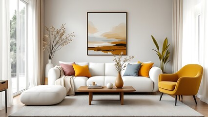 Minimalist, scandinavian style home interior design of modern living room. Boucle white couch with red and cream accent pillows is paired with a natural wood coffee table.