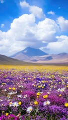 Fototapeta premium A vibrant landscape of colorful wildflowers under a blue sky and mountain backdrop.