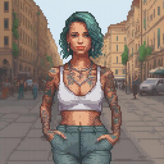 Obraz premium Vibrant pixel art of a tattooed woman with green hair on a bustling city street.