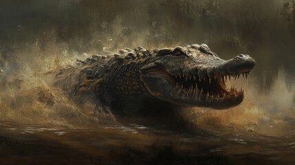 Obraz premium Powerful Crocodile Emerging From Murky Waters