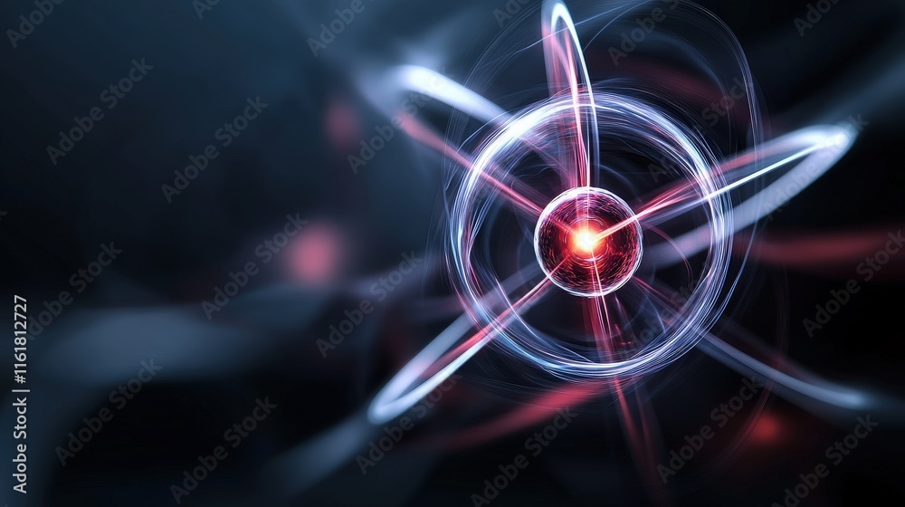 Poster Abstract representation of atomic structure with glowing particles and swirling energy, illustrating concepts of science, physics, and modern technology in a visually striking manner