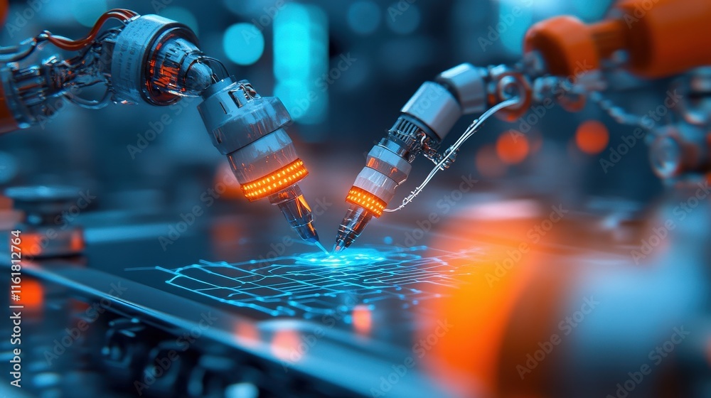 Fototapete futuristic robotic arms working together to create digital circuit design on a touchscreen surface i