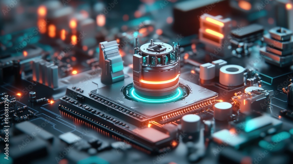 Aufkleber High-Tech Circuit Board with Glowing Components and Microprocessor, Showcasing Modern Electronics and Advanced Technology in an Abstract Futuristic Environment