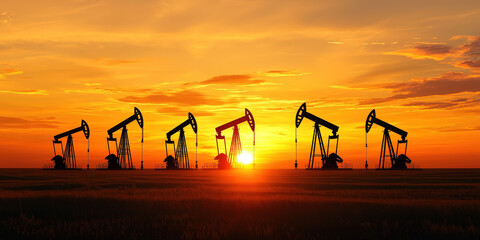 Fototapeta premium Oil pumpjacks silhouetted against vibrant sunset, creating dramatic scene. warm colors evoke sense of tranquility and industry