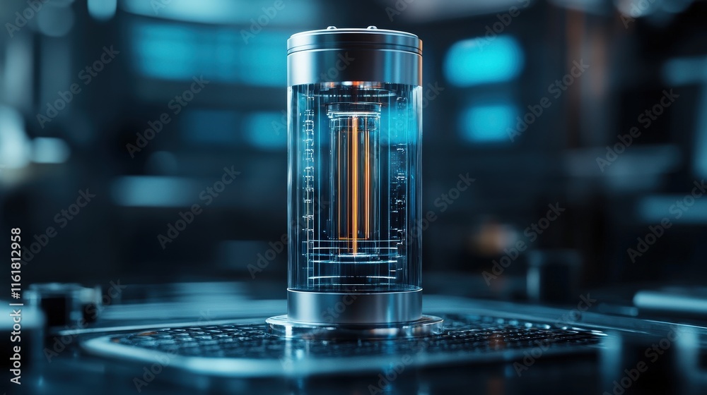 Poster futuristic energy device encased in transparent cylinder with glowing elements, set against a high-t