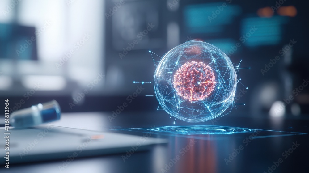 Poster Futuristic Digital Representation of a Molecular Structure Floating Above a Desk in a Modern Scientific Laboratory Environment with Soft Lighting