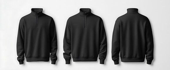 Three views of a black zip-up sweatshirt on a plain background.