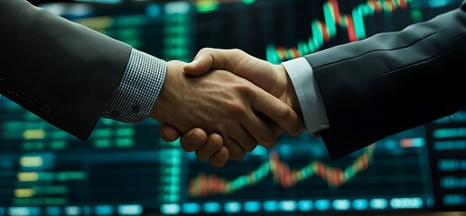 Two businesspeople shaking hands in front of a financial chart display.