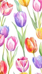 Fototapeta premium A vibrant watercolor illustration of assorted tulips in various colors and styles.