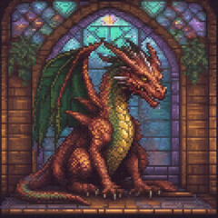 Obraz premium Pixel dragon by stained glass window