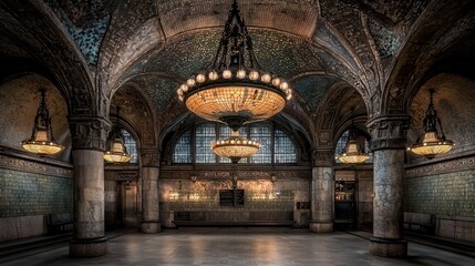 Fototapeta premium Grand hall interior with ornate chandeliers, arched ceilings, and mosaic tile floors.