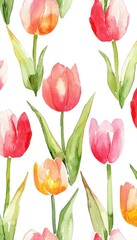 Obraz premium A vibrant watercolor pattern featuring various tulips in shades of pink, orange, and yellow.