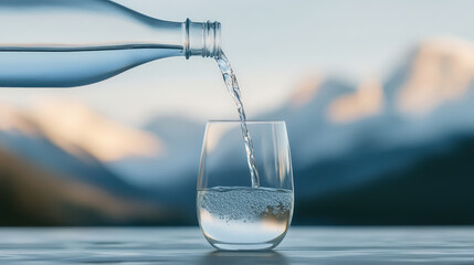 Refreshing water is poured from bottle into glass, set against serene mountain backdrop