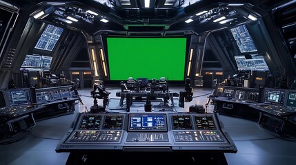 Futuristic cockpit with green screen.