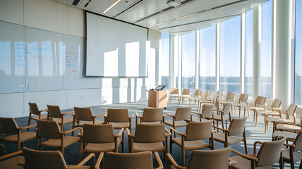 Business meeting room with vacant chairs, symbolizing the importance of preparation and anticipation in professional environments.