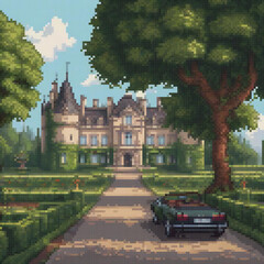 Pixel art mansion with car, perfect for retro vibes.