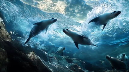 Obraz premium Majestic Sea Lions Underwater Dance