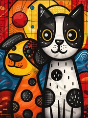 Obraz premium A vibrant depiction of a playful cat and a spotted dog stands together against a lively backdrop. Bright colors and geometric patterns evoke a sense of fun and companionship.