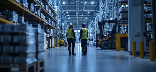 Two workers in safety vests observing a warehouse environment.