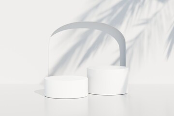 3D Podium white room and leaf shadow. Abstract background for product branding and presentation advertising. Minimal Luxury Design Product Podium Mockup scene with empty space minimal style. 3d render