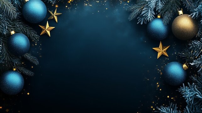 A festive arrangement featuring blue and gold ornaments with stars, set against a dark background, perfect for holiday themes and celebrations.