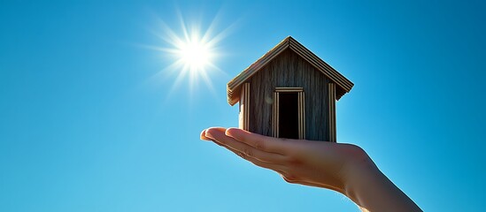 A hand holding a tiny wooden house under a bright blue sky.