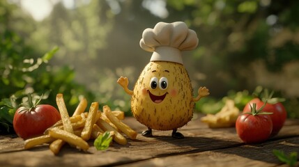 Cute Animated Chef Character with Fries and Tomatoes in Nature